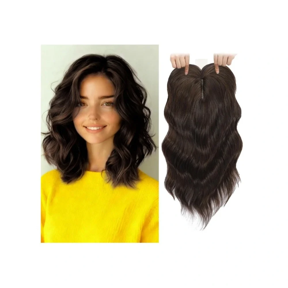 TYQ Hair Topper 14 Inch Synthetic Curly‎ Wavy Side Part Dark Brown Chestnut Mix